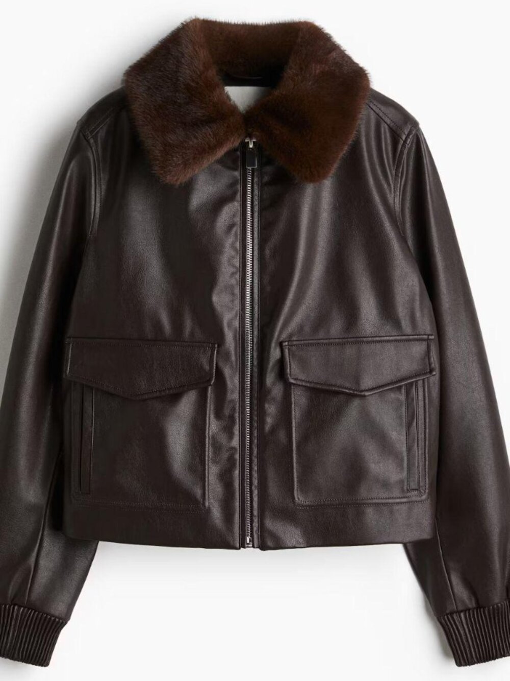 H&M Dark Brown Faux Leather Jacket with Fur Collar